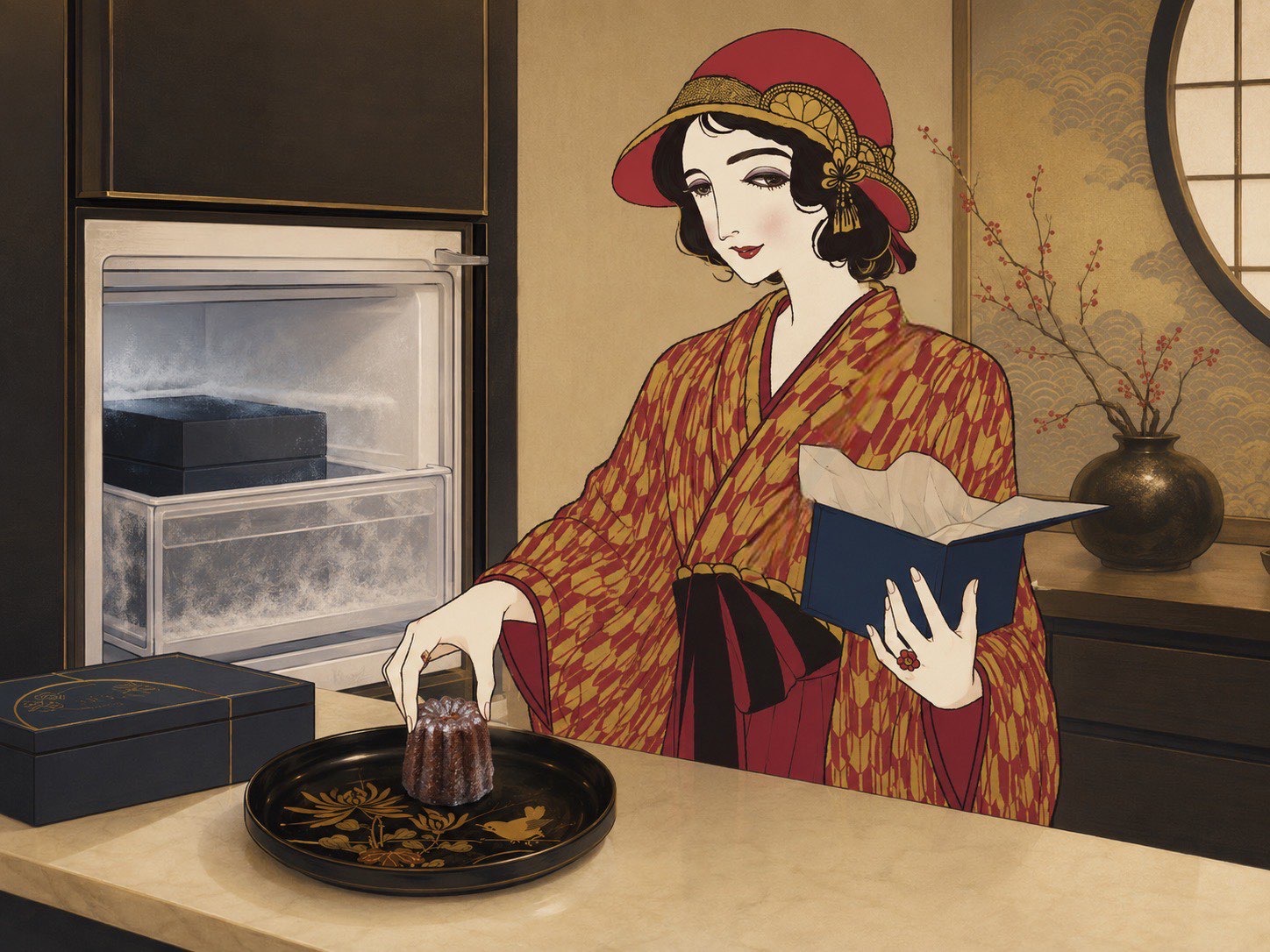 冷凍のカヌレを取り出す和装の女性